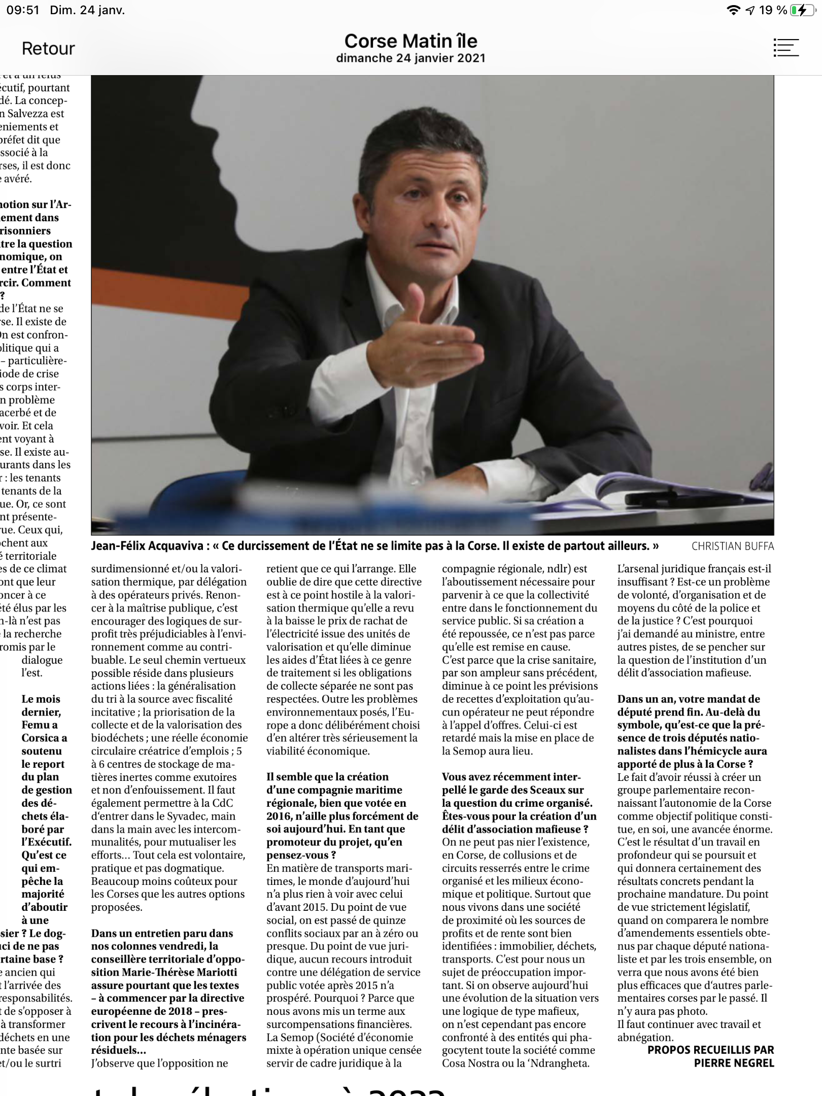 « Une évolution de la situation vers une logique de type mafieux »,  le discours de la clarté du Député Acquaviva.